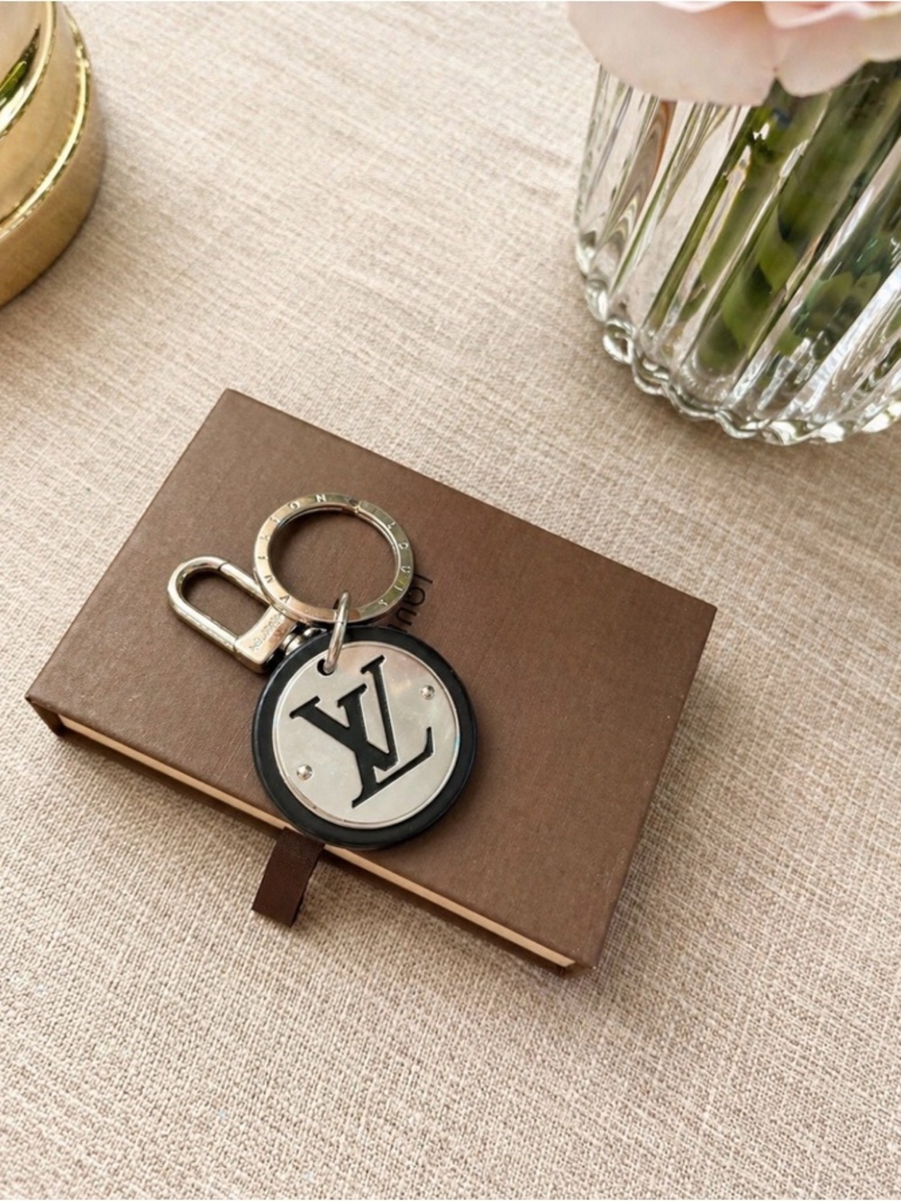 Louis Vuitton Black and Silver Round LV Keyring Bag Charm